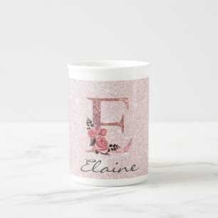 Rose Gold Brushed Glitter Monogram Name  Bone China Mug