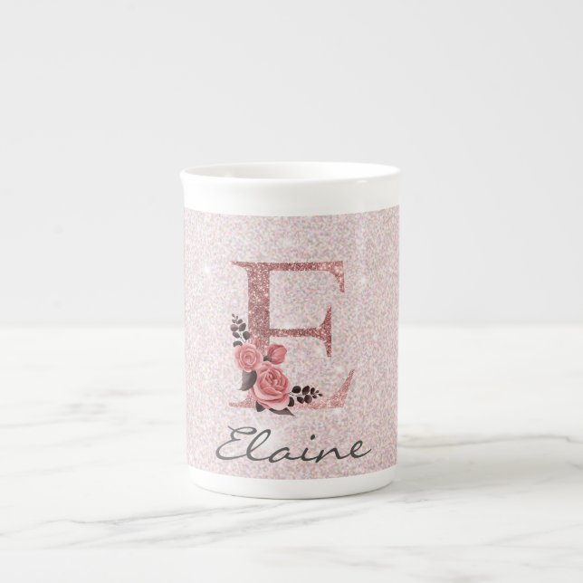 Rose Gold Brushed Glitter Monogram Name  Bone China Mug (Front)