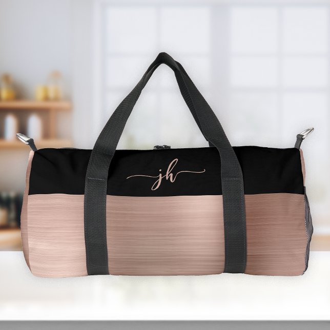 Rose Gold Brushed Metal Black Script Monogram  Duffle Bag (Creator Uploaded)