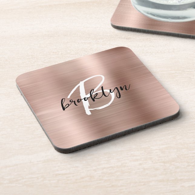 Rose Gold Brushed Metal Black White Monogram  Coaster (Left Side)