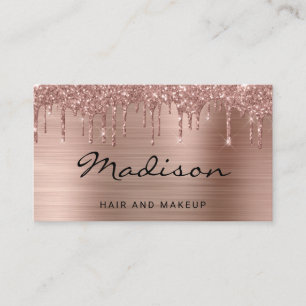 Rose Gold Brushed Metal Glitter Drip Hair & Makeup Business Card