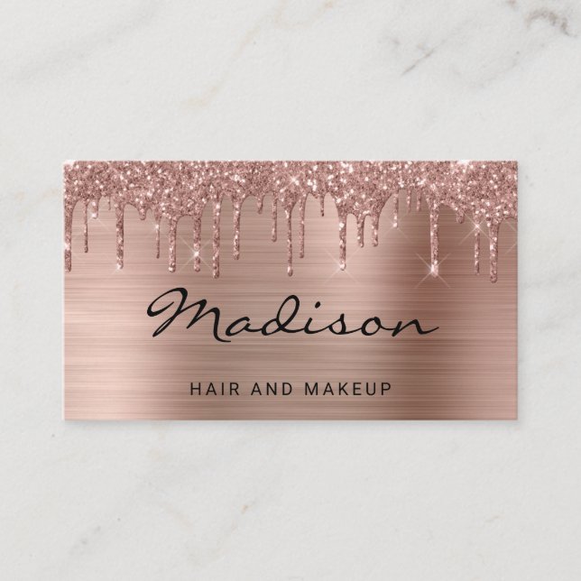Rose Gold Brushed Metal Glitter Drip Hair & Makeup Business Card (Front)