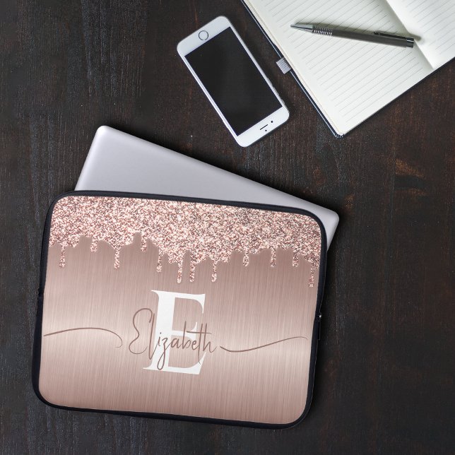 Rose Gold Brushed Metal Glitter Drips Monogrammed Laptop Sleeve (Creator Uploaded)