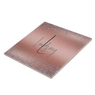 Rose Gold Brushed Metal Glitter Monogram Ceramic Tile