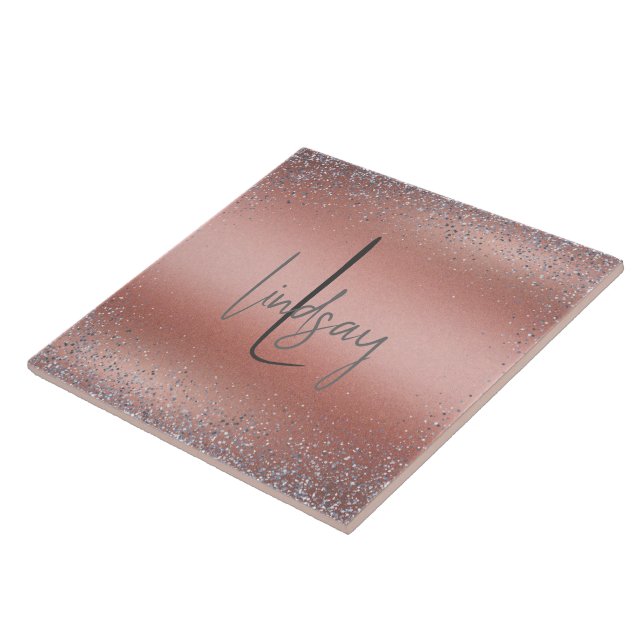 Rose Gold Brushed Metal Glitter Monogram | Ceramic Tile (Side)