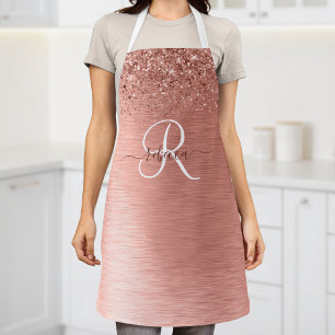 Rose Gold Brushed Metal Glitter Monogram Name Apron