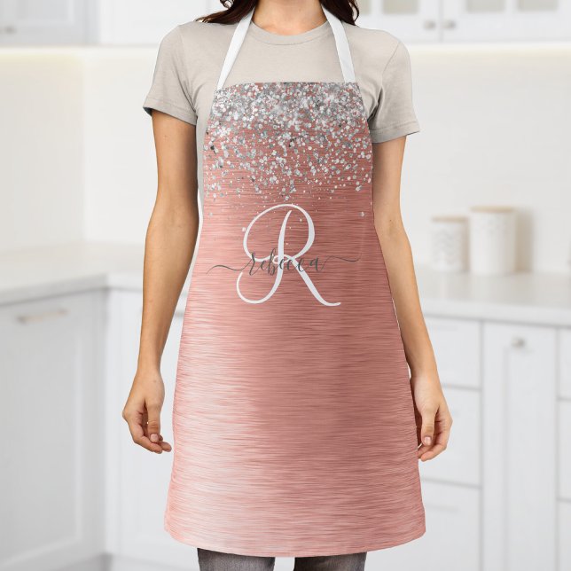 Rose Gold Brushed Metal Glitter Monogram Name Apron (Creator Uploaded)