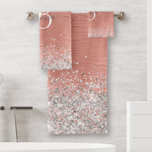 Rose Gold Brushed Metal Glitter Monogram Name Bath Towel Set (Creator Uploaded)