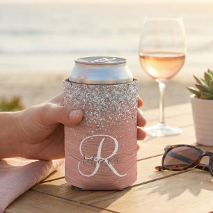 Rose Gold Brushed Metal Glitter Monogram Name Can Cooler