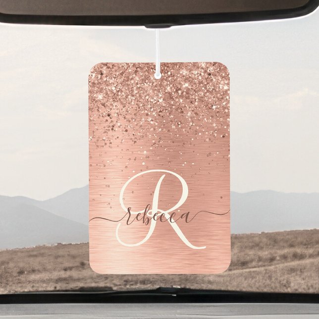 Rose Gold Brushed Metal Glitter Monogram Name Car Air Freshener (Creator Uploaded)