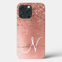 Rose Gold Brushed Metal Glitter Monogram Name