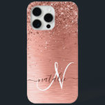 Rose Gold Brushed Metal Glitter Monogram Name iPhone 15 Pro Max Case<br><div class="desc">Easily personalise this trendy chic phone case design featuring pretty rose gold sparkling glitter on a rose gold brushed metallic background.</div>