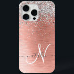 Rose Gold Brushed Metal Glitter Monogram Name iPhone 15 Pro Max Case<br><div class="desc">Easily personalise this trendy chic design phone case featuring pretty silver sparkling glitter on a rose gold brushed metallic background.</div>