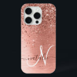 Rose Gold Brushed Metal Glitter Monogram Name iPhone 15 Pro Case<br><div class="desc">Easily personalise this trendy chic phone case design featuring pretty rose gold sparkling glitter on a rose gold brushed metallic background.</div>