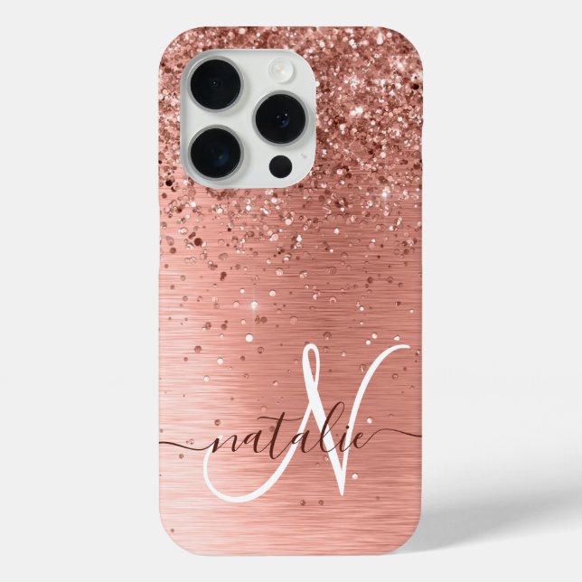 Rose Gold Brushed Metal Glitter Monogram Name Case-Mate iPhone Case (Back)