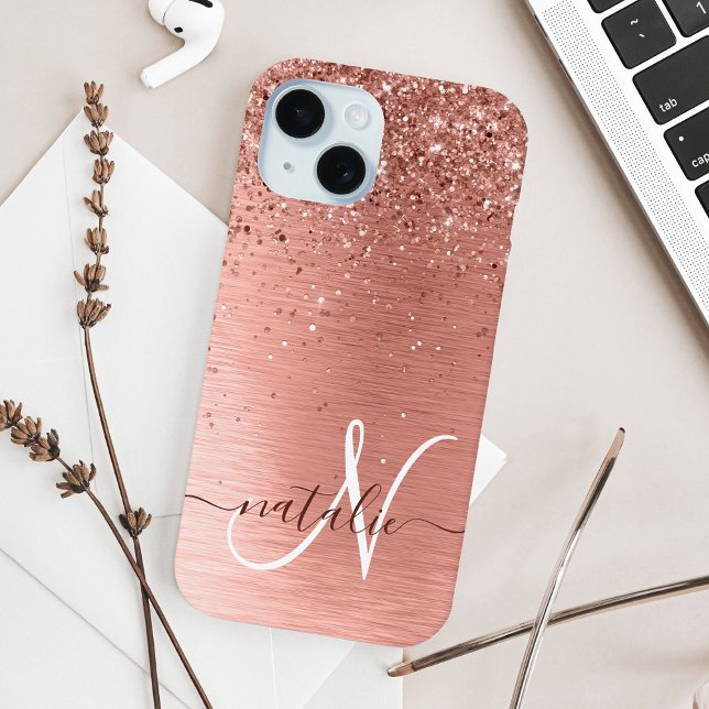 Rose Gold Brushed Metal Glitter Monogram Name Case-Mate iPhone Case (Creator Uploaded)