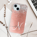 Rose Gold Brushed Metal Glitter Monogram Name iPhone 15 Case<br><div class="desc">Easily personalise this trendy chic design phone case featuring pretty silver sparkling glitter on a rose gold brushed metallic background.</div>
