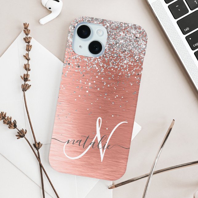 Rose Gold Brushed Metal Glitter Monogram Name Case-Mate iPhone Case (Creator Uploaded)