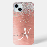  Rose Gold Brushed Metal Glitter Monogram Name