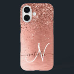 Rose Gold Brushed Metal Glitter Monogram Name iPhone 16 Case<br><div class="desc">Easily personalise this trendy chic phone case design featuring pretty rose gold sparkling glitter on a rose gold brushed metallic background.</div>
