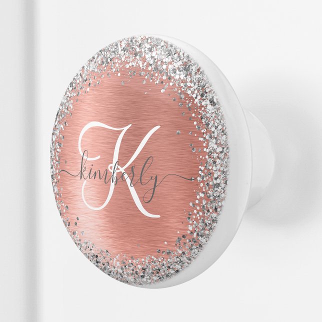 Rose Gold Brushed Metal Glitter Monogram Name Ceramic Knob (Creator Uploaded)