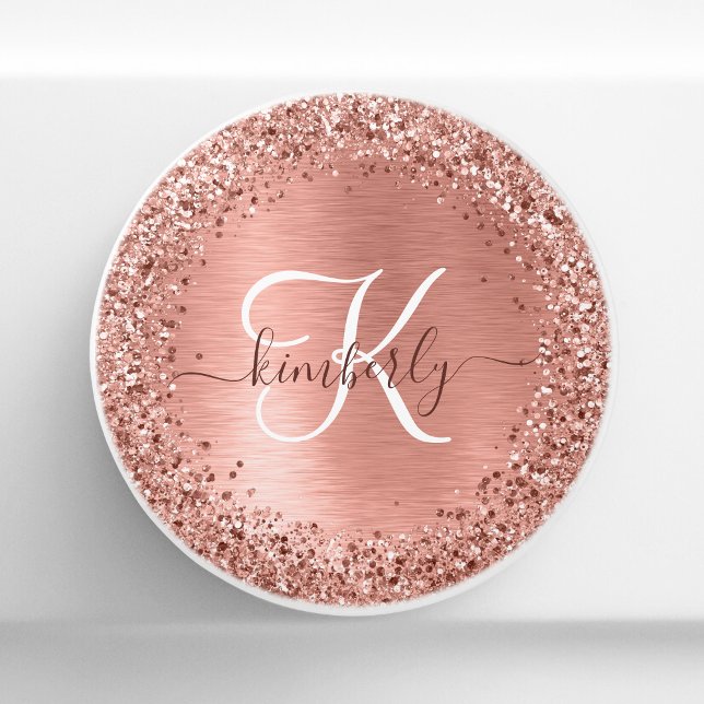 Rose Gold Brushed Metal Glitter Monogram Name Ceramic Knob (Creator Uploaded)