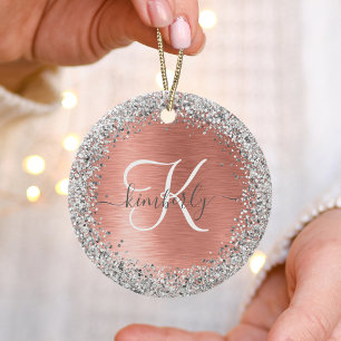 Rose Gold Brushed Metal Glitter Monogram Name Ceramic Ornament