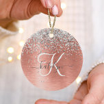 Rose Gold Brushed Metal Glitter Monogram Name Ceramic Ornament<br><div class="desc">Easily personalise this trendy chic ceramic ornament design featuring pretty silver sparkling glitter on a rose gold brushed metallic background.</div>