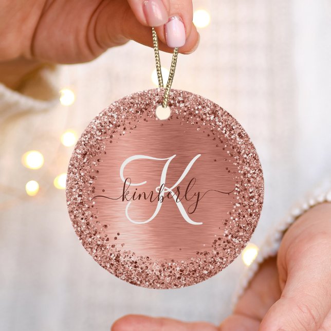 Rose Gold Brushed Metal Glitter Monogram Name  Ceramic Ornament (Creator Uploaded)