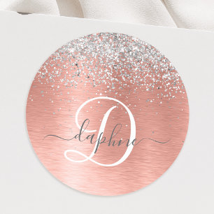 Rose Gold Brushed Metal Glitter Monogram Name Classic Round Sticker