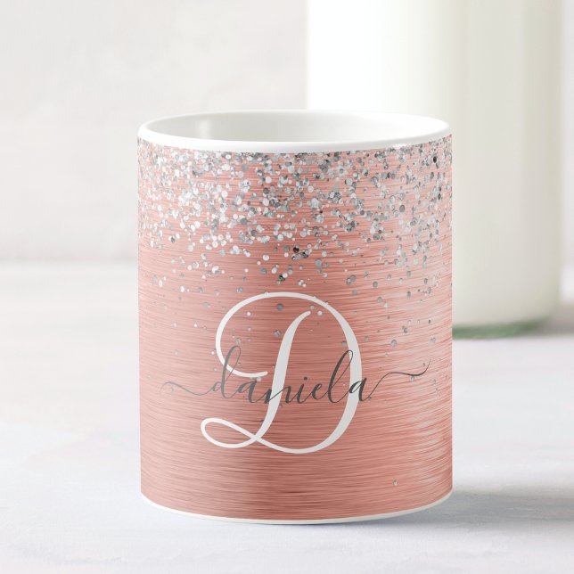 Rose Gold Brushed Metal Glitter Monogram Name Coffee Mug (Creator Uploaded)