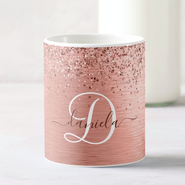 Rose Gold Brushed Metal Glitter Monogram Name Coffee Mug (Creator Uploaded)