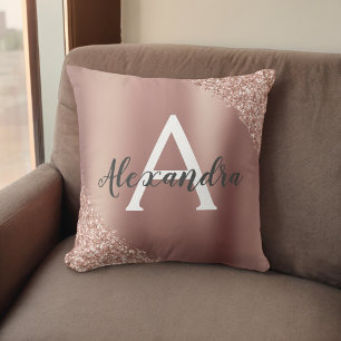Rose Gold Brushed Metal Glitter Monogram Name Cushion