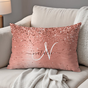 Rose Gold Brushed Metal Glitter Monogram Name Decorative Cushion