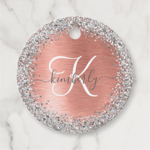 Rose Gold Brushed Metal Glitter Monogram Name Favour Tags