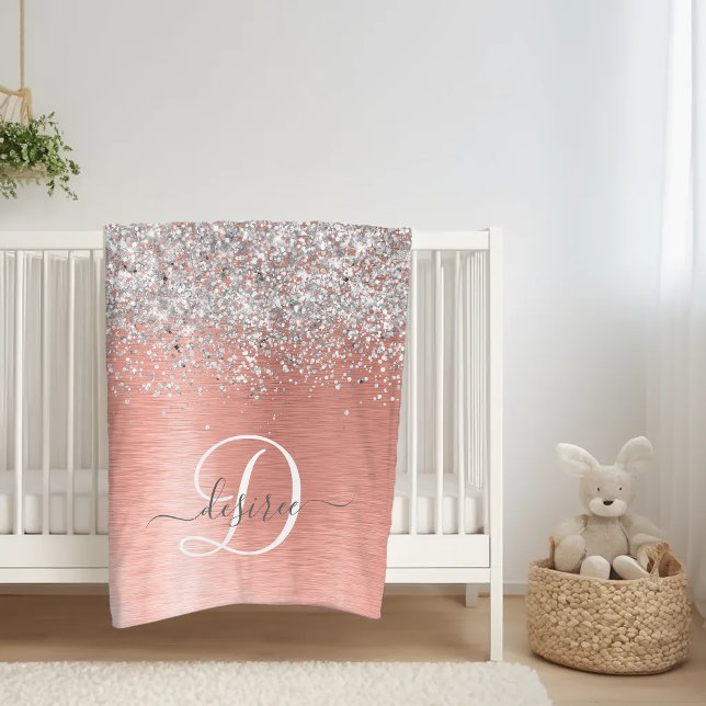 Rose Gold Brushed Metal Glitter Monogram Name Fleece Blanket (Creator Uploaded)