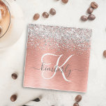 Rose Gold Brushed Metal Glitter Monogram Name Glass Coaster<br><div class="desc">Easily personalise this trendy chic glass coaster design featuring pretty silver sparkling glitter on a rose gold brushed metallic background.</div>