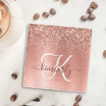 Rose Gold Brushed Metal Glitter Monogram Name Glass Coaster<br><div class="desc">Easily personalise this trendy chic glass coaster design featuring pretty rose gold sparkling glitter on a rose gold brushed metallic background.</div>