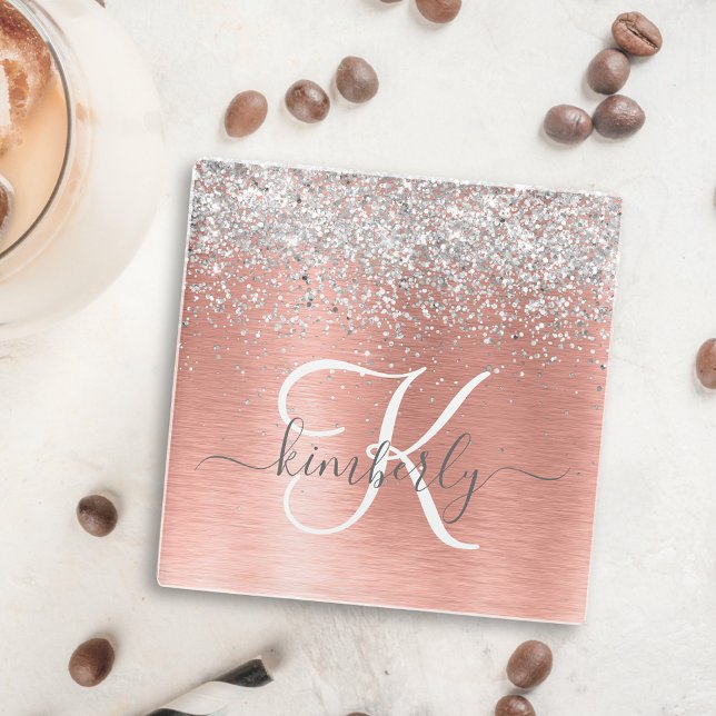 Rose Gold Brushed Metal Glitter Monogram Name Glass Coaster (Creator Uploaded)