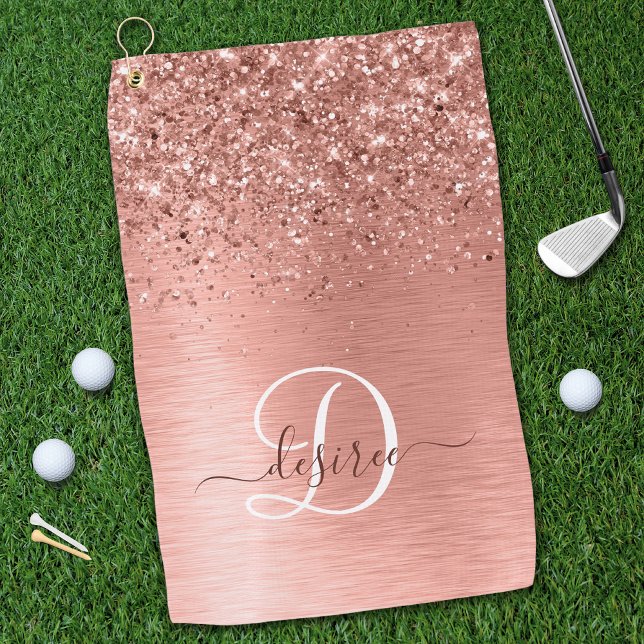 Rose Gold Brushed Metal Glitter Monogram Name Golf Towel (Creator Uploaded)