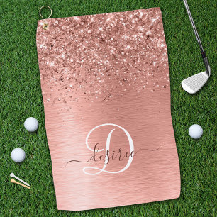 Rose Gold Brushed Metal Glitter Monogram Name Golf Towel