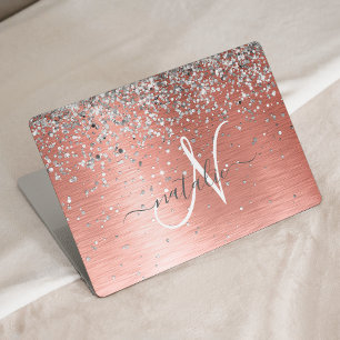 Rose Gold Brushed Metal Glitter Monogram Name HP Laptop Skin