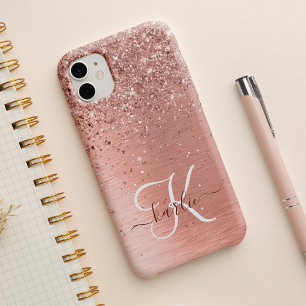 Rose Gold Brushed Metal Glitter Monogram Name iPhone 15 Case
