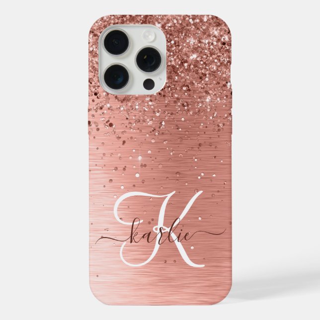 Rose Gold Brushed Metal Glitter Monogram Name iPhone Case (Back)