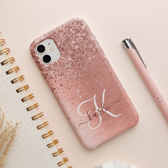 Rose Gold Brushed Metal Glitter Monogram Name iPhone Case (Creator Uploaded)