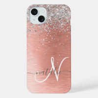 Rose Gold Brushed Metal Glitter Monogram Name