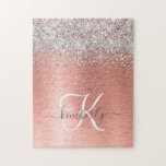 Rose Gold Brushed Metal Glitter Monogram Name Jigsaw Puzzle<br><div class="desc">Easily personalise this trendy chic puzzle design featuring pretty silver sparkling glitter on a rose gold brushed metallic background.</div>