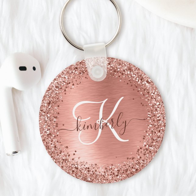 Rose Gold Brushed Metal Glitter Monogram Name Key Ring (This glam rose gold brushed metal glitter keychain is a stunning way to accessorize your keys)