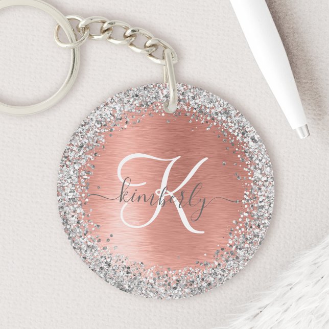 Rose Gold Brushed Metal Glitter Monogram Name Key Ring (Sparkle and shine with this rose gold brushed metal glitter keychain. Add your name and monogram.)