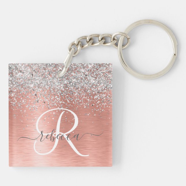 Rose Gold Brushed Metal Glitter Monogram Name Key Ring (Back)